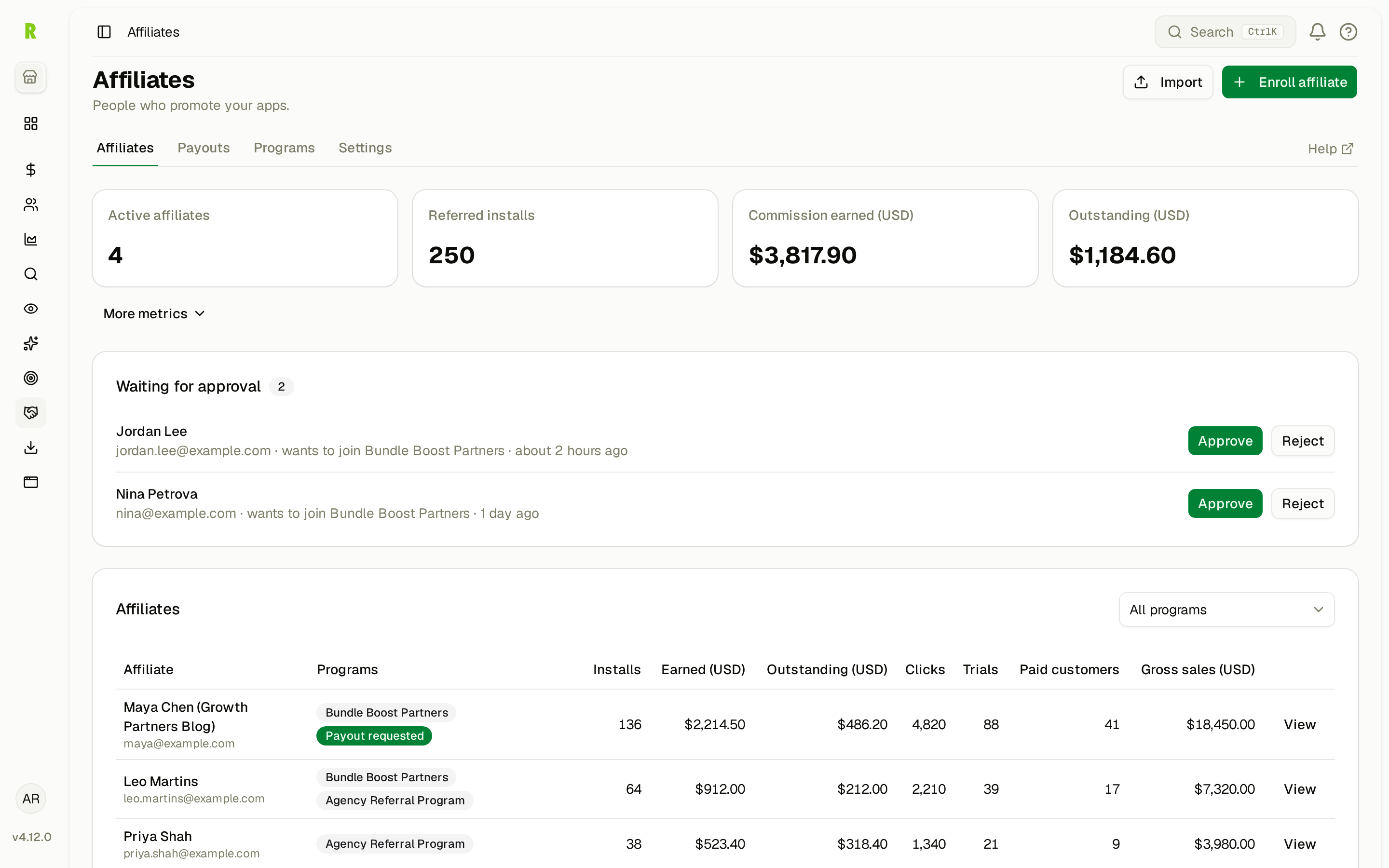 The Waiting for approval list on the Affiliates page with Approve and Reject buttons