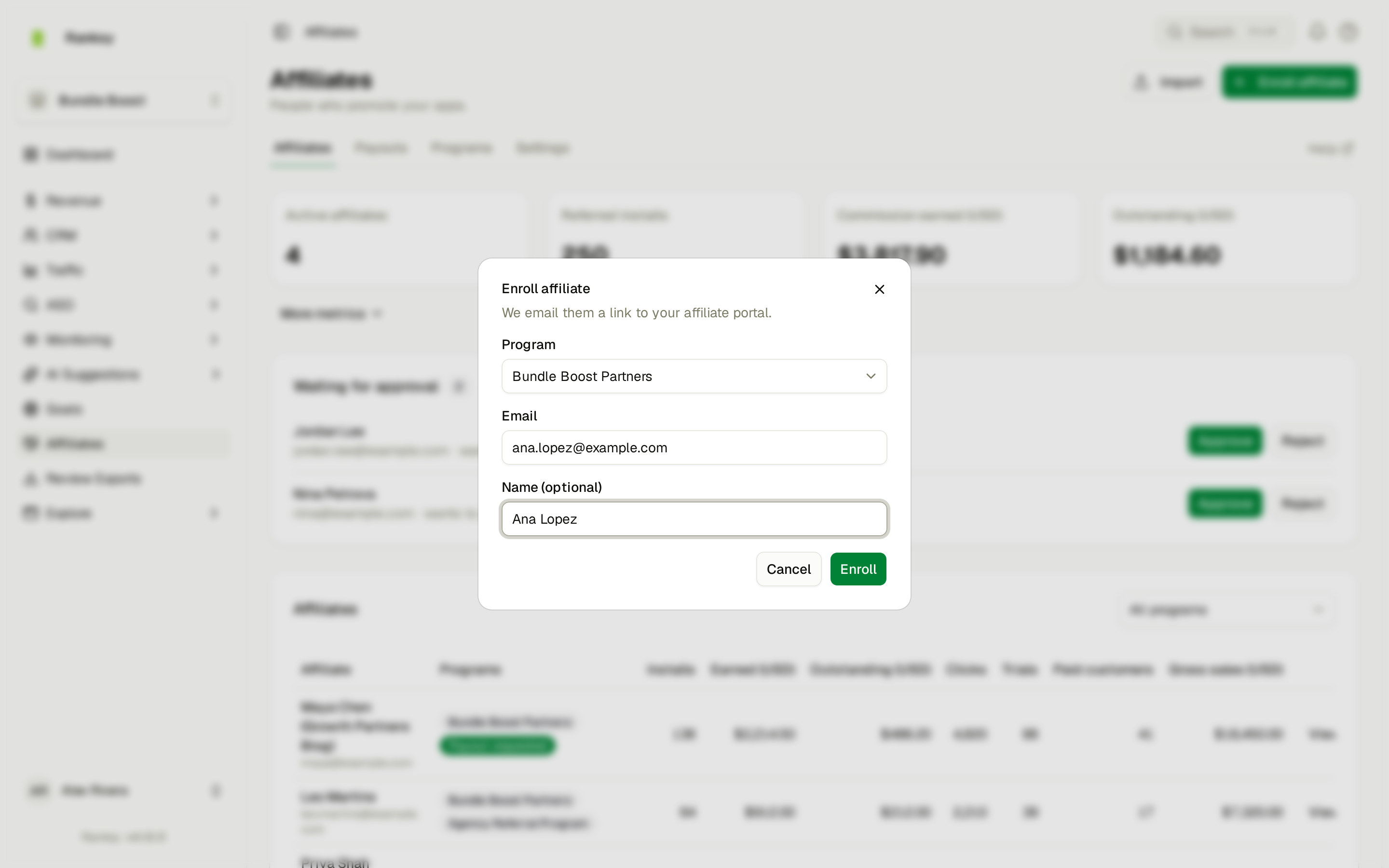 The Enroll affiliate dialog with Program, Email and Name fields