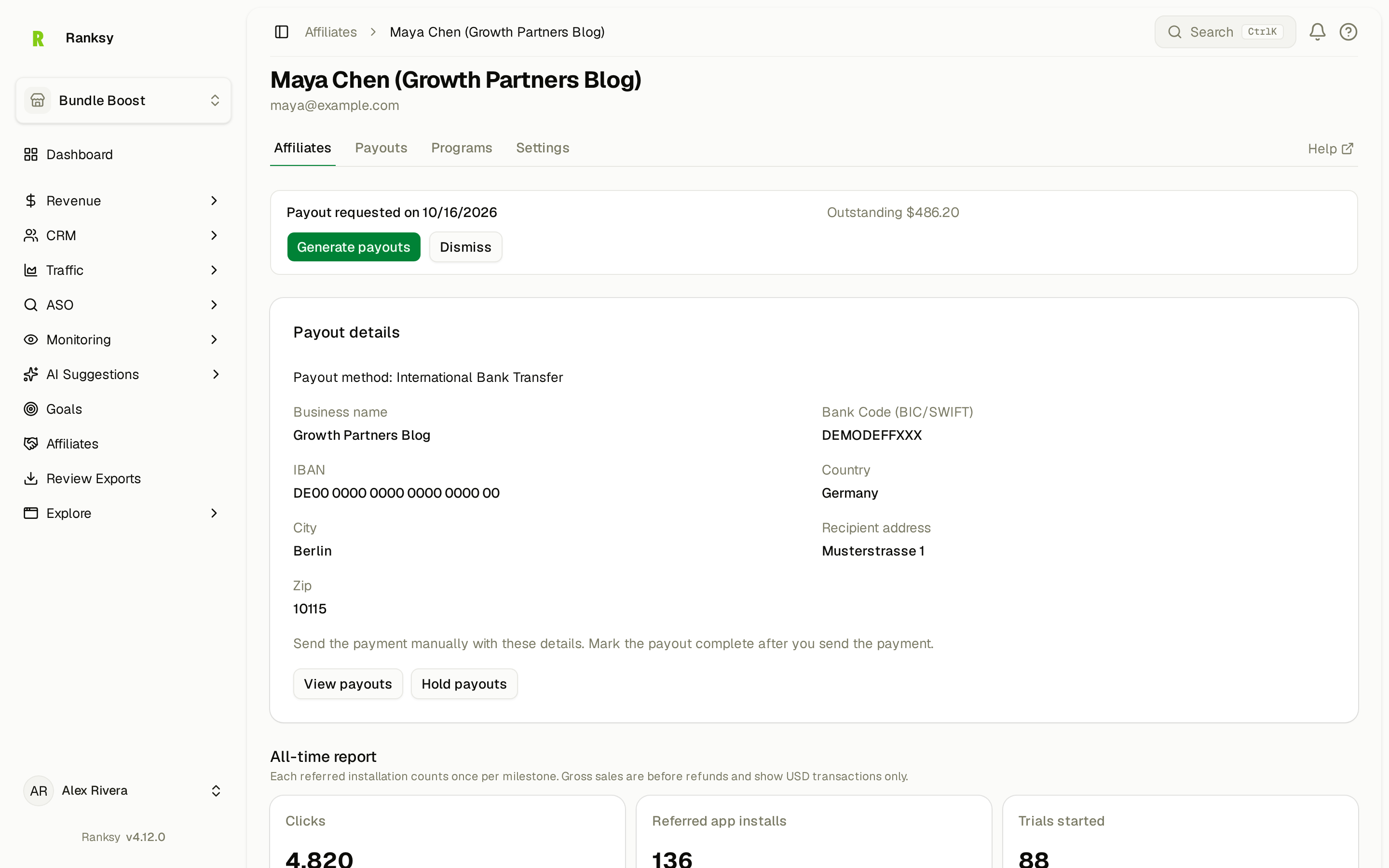 An affiliate's page with payout details, manual entries, programs and links