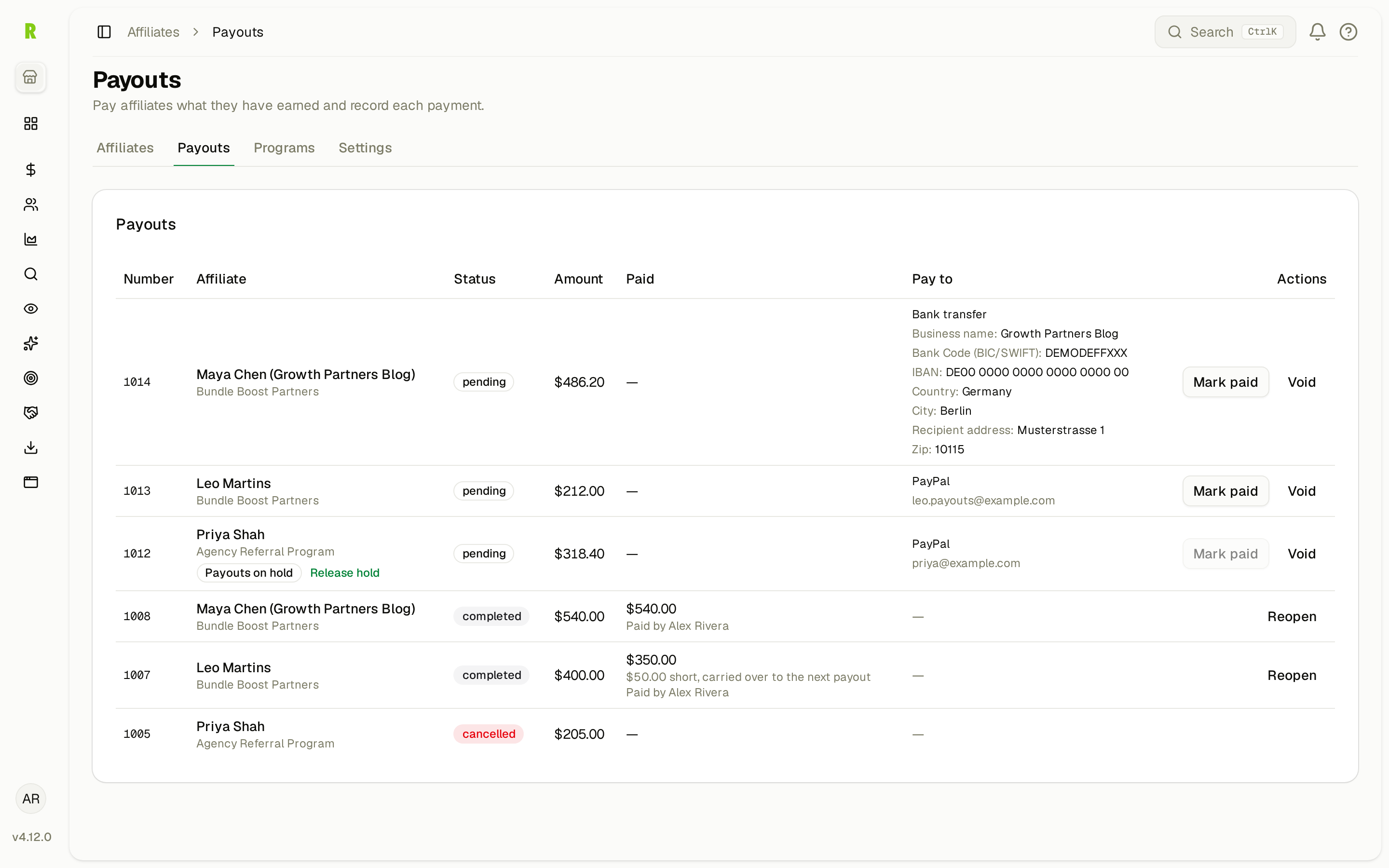 The Payouts tab with pending, on-hold, short-paid and voided payouts