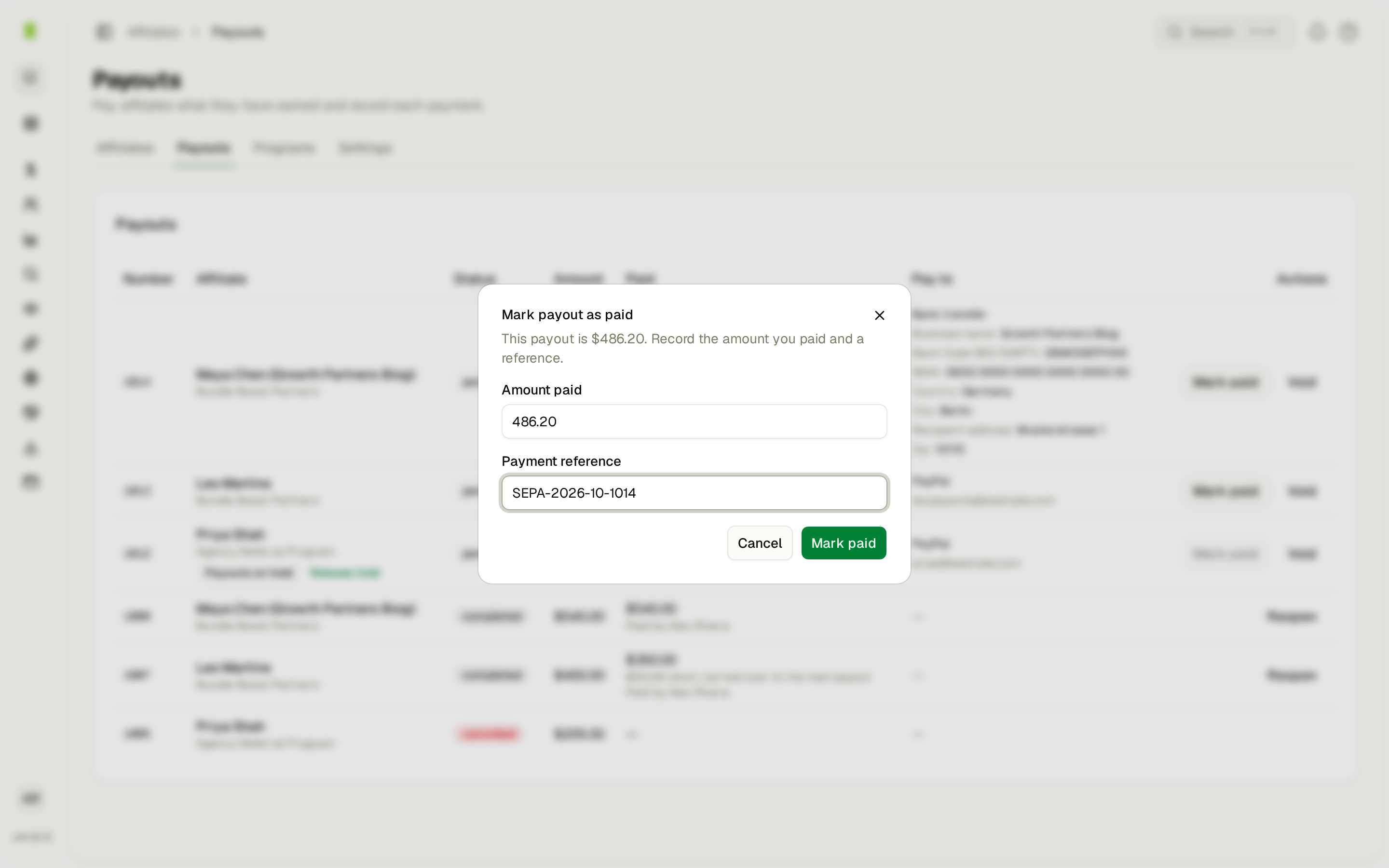 The Mark paid dialog with Amount paid and Payment reference