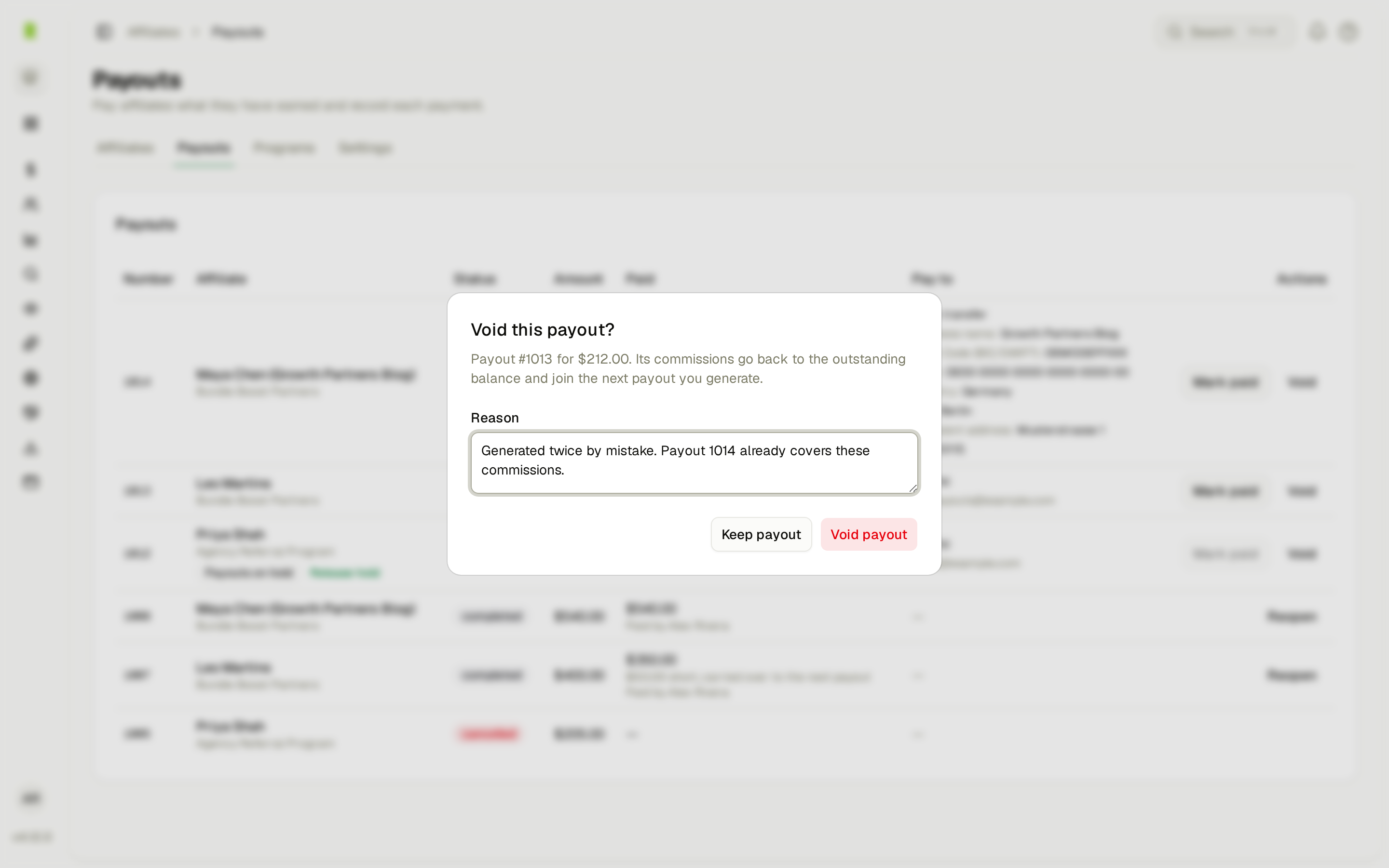 The Void payout dialog with a Reason field