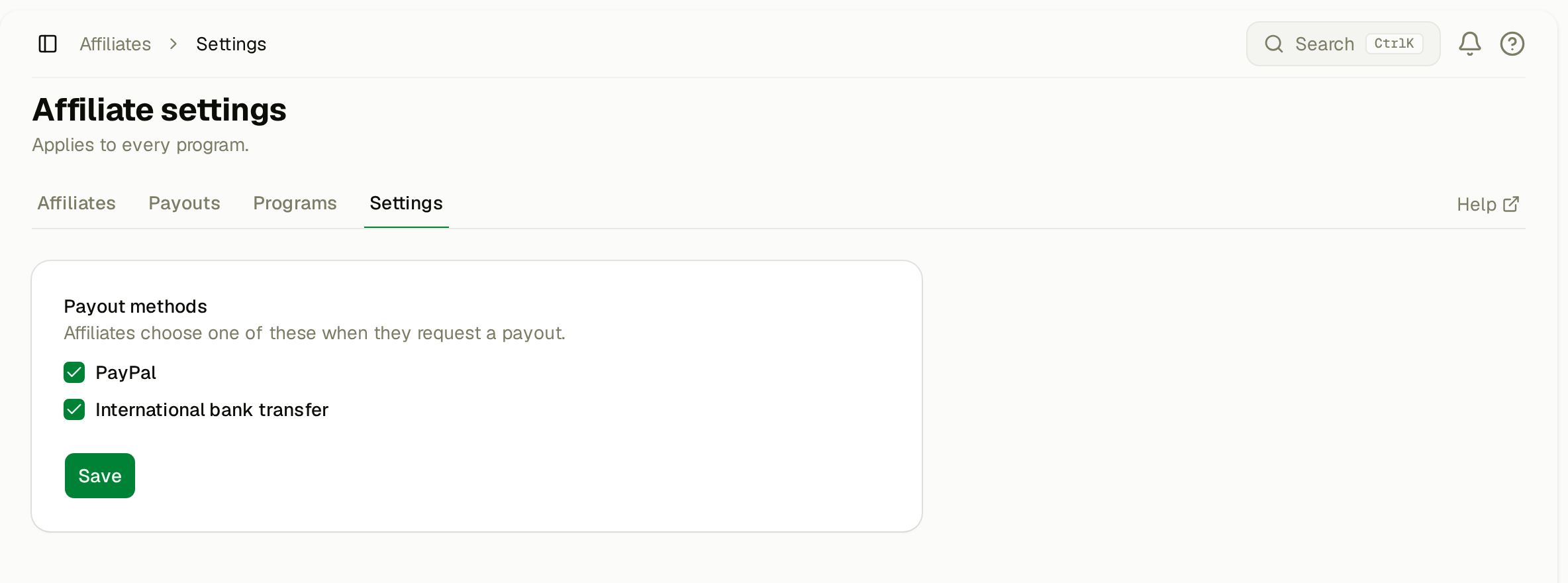 Payout methods under Affiliates > Settings