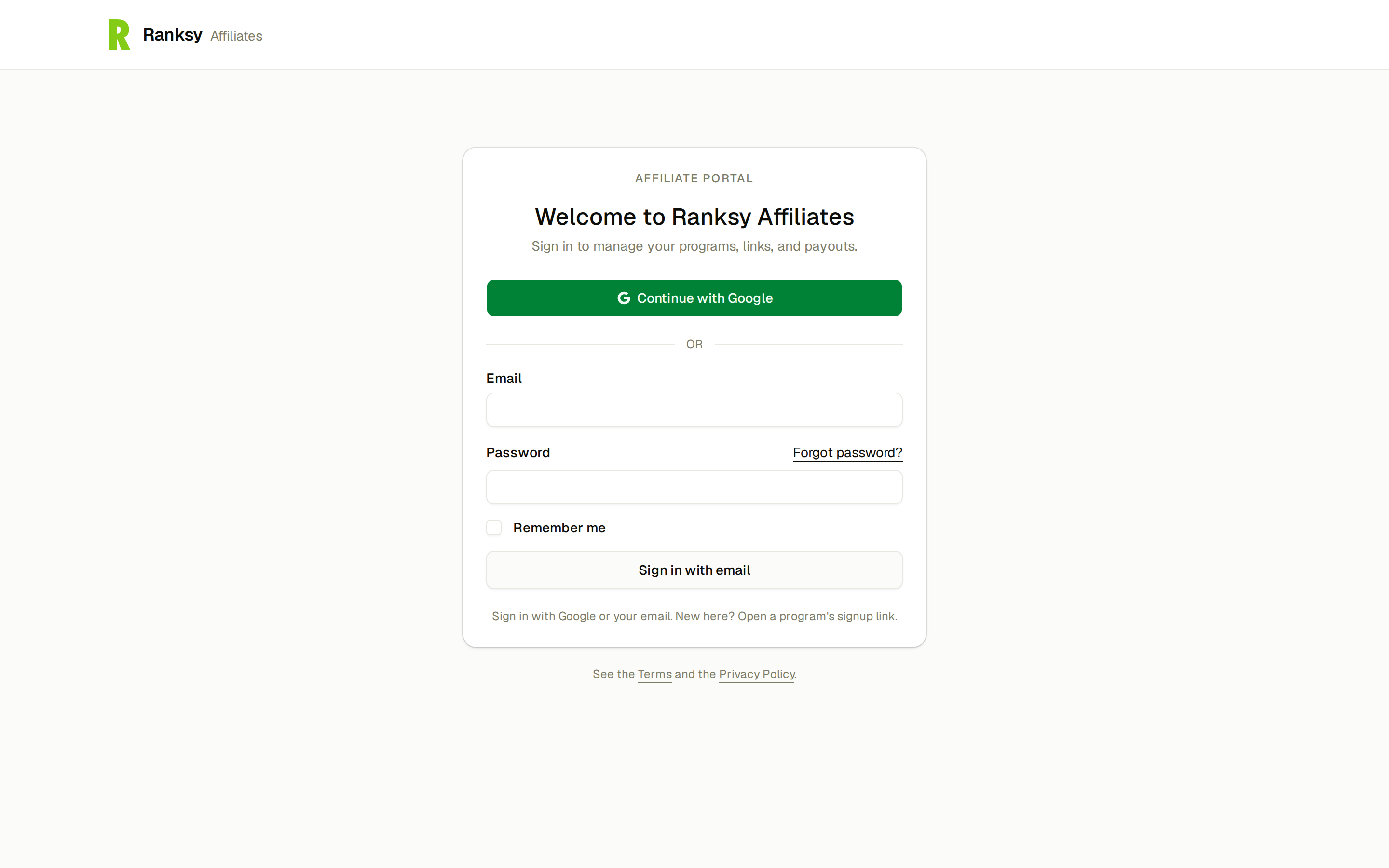 The affiliate portal sign-in page