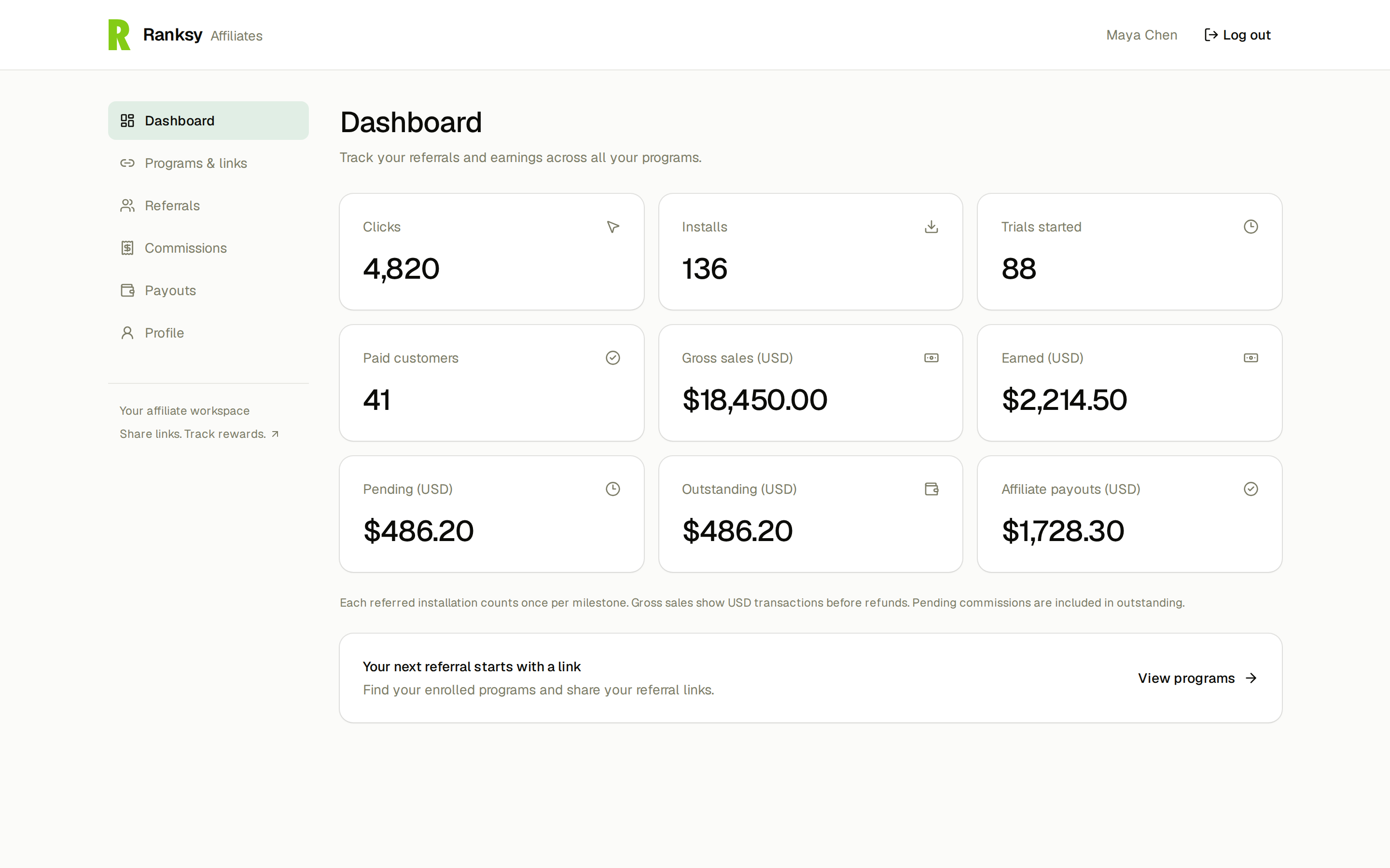 The affiliate portal dashboard with totals across programs