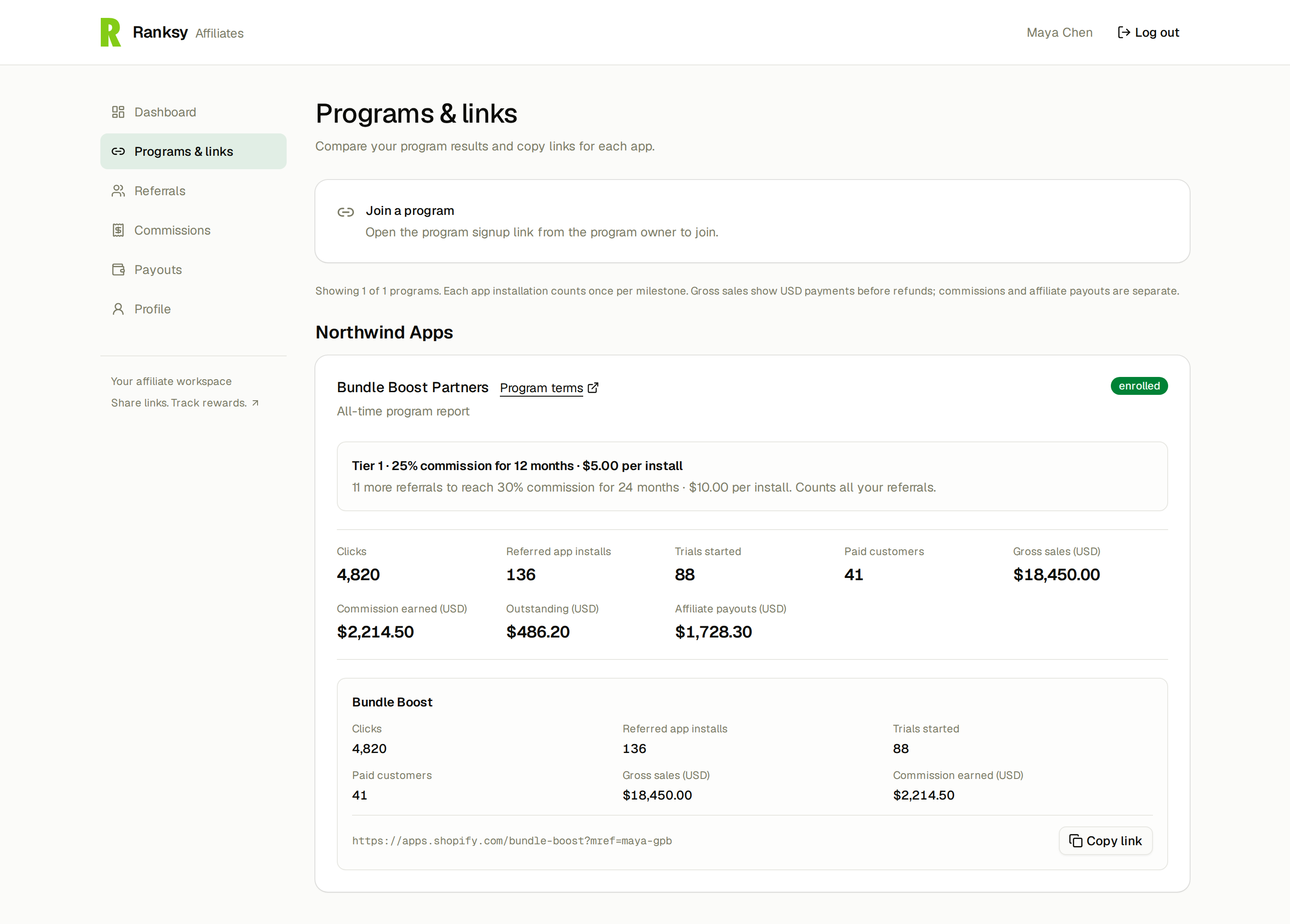 Programs & links with a referral link and Copy link button for each app