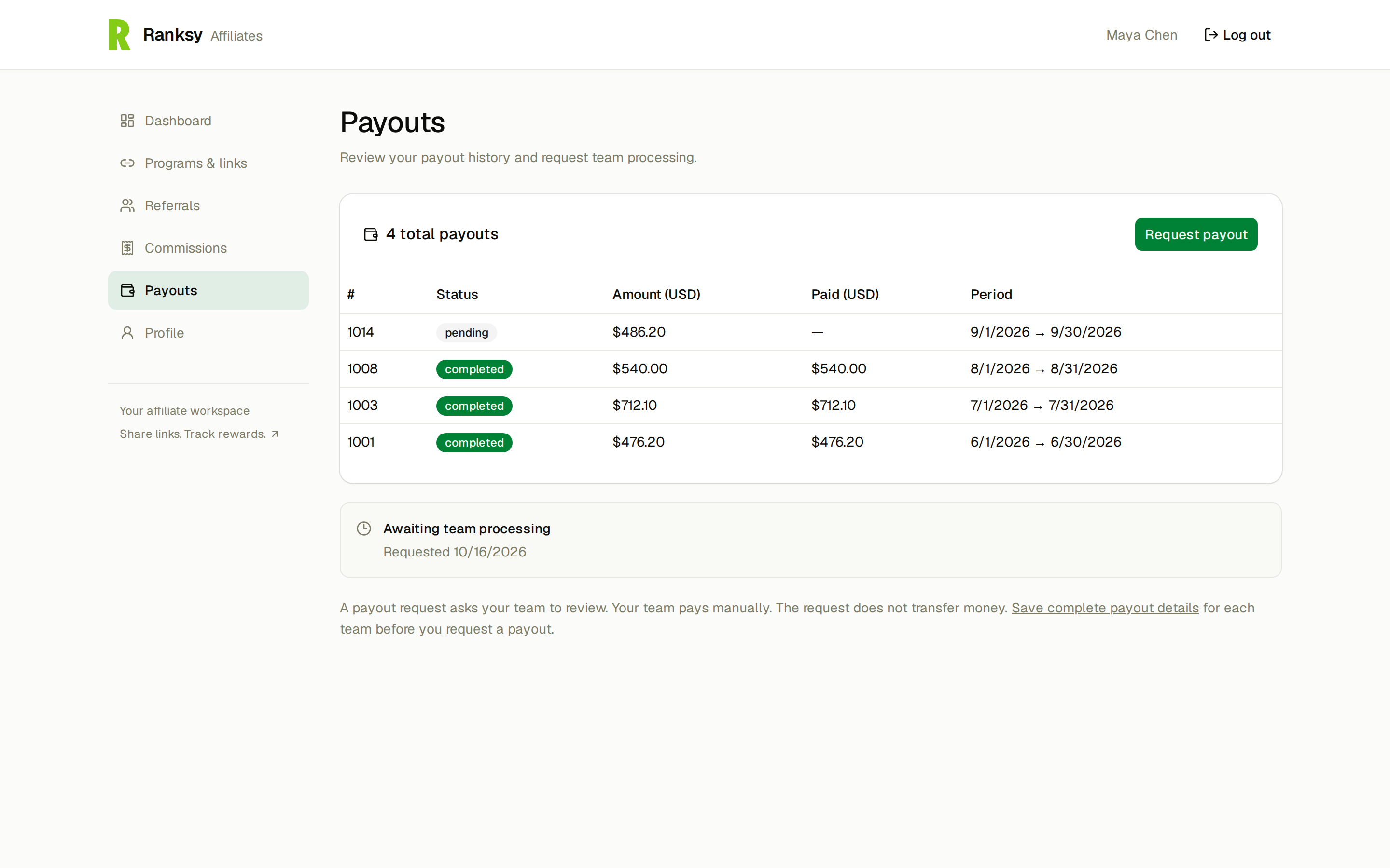 The Payouts page in the affiliate portal with the Request payout button