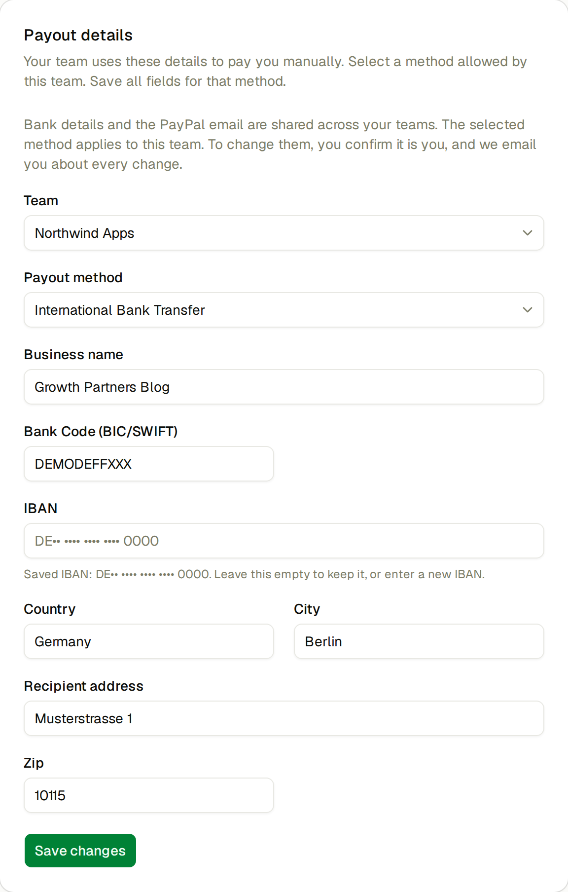 Payout details on the Profile page, with the payout method and bank fields