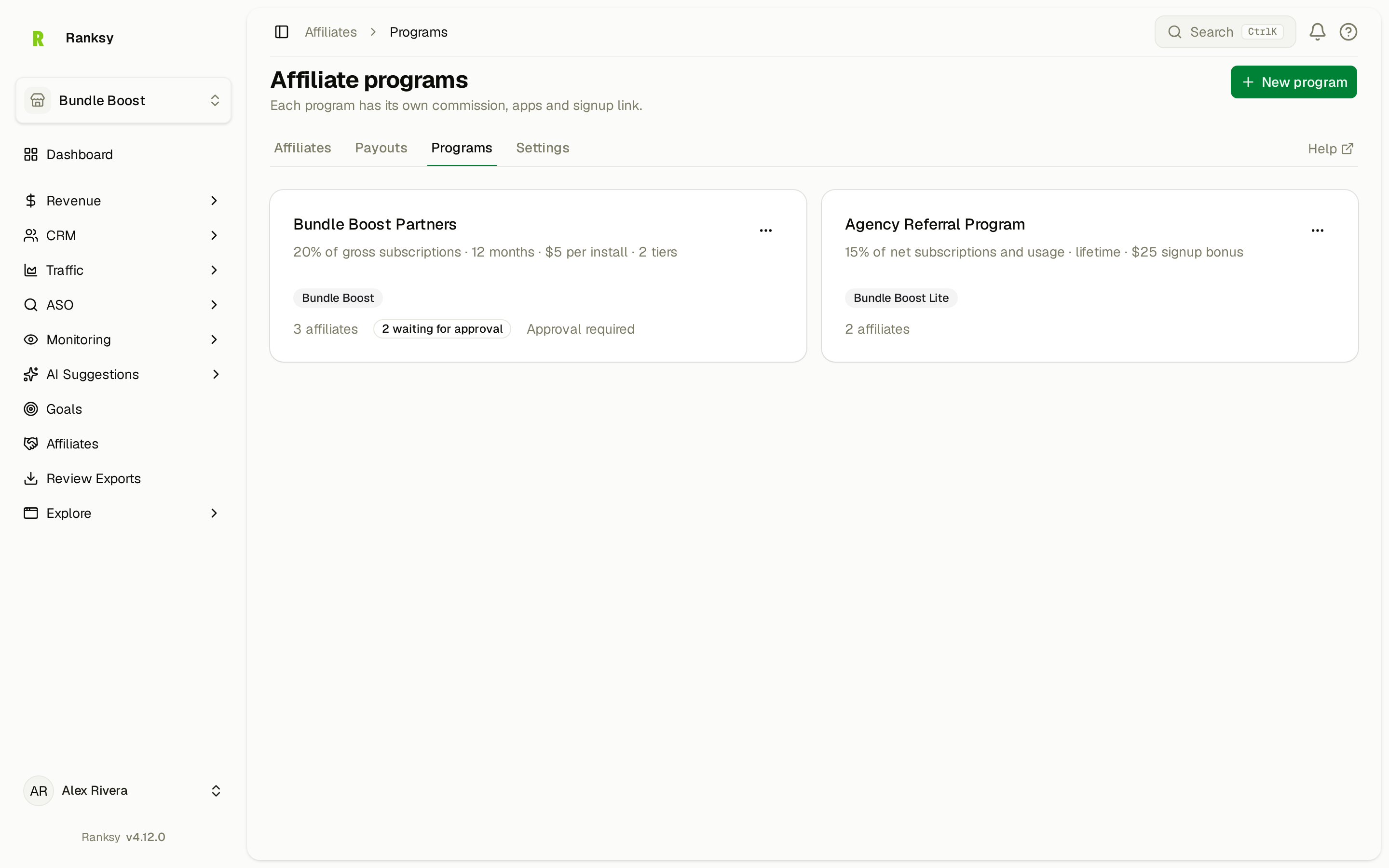 The Programs tab on the Affiliates page, with the New program button