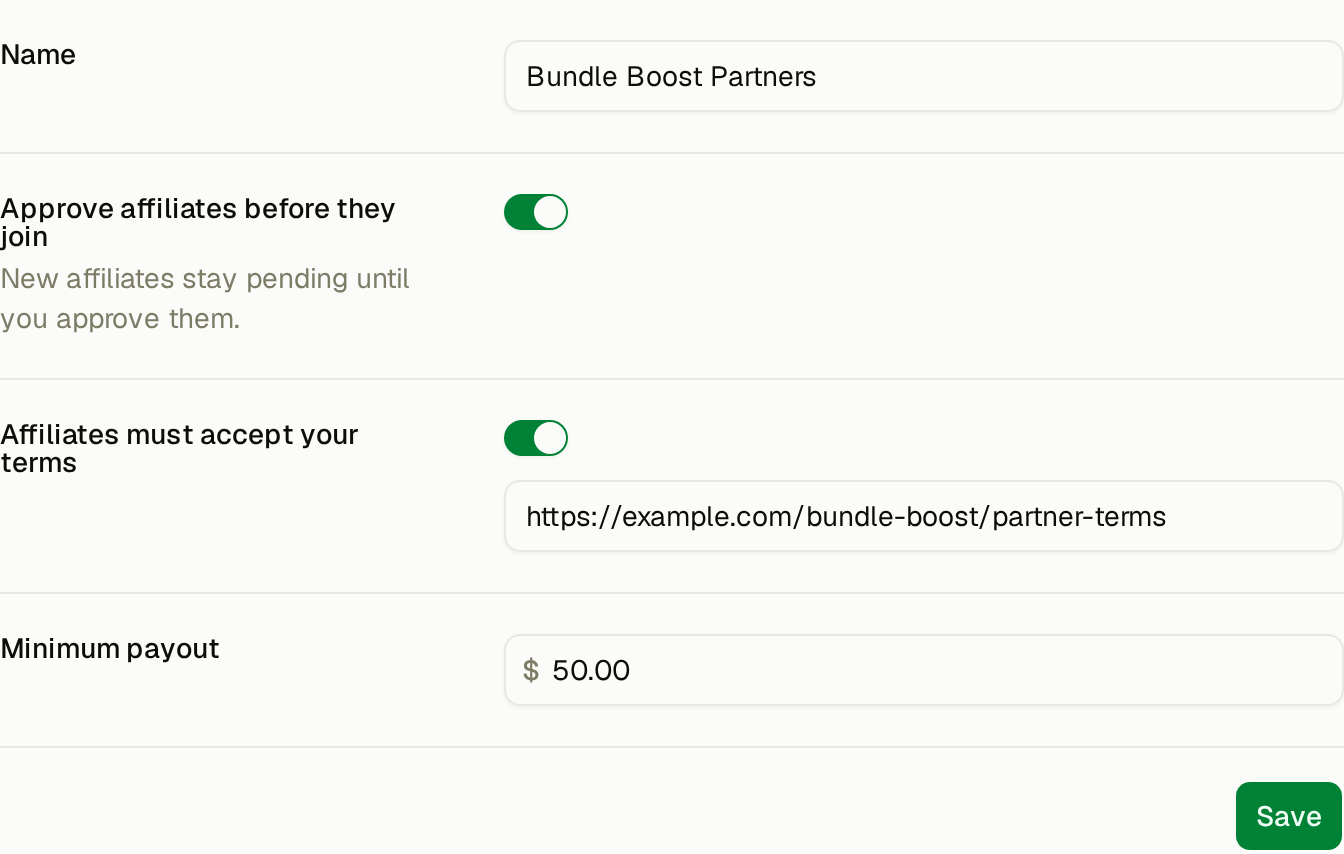 Approval, terms and minimum payout settings on a program's General tab
