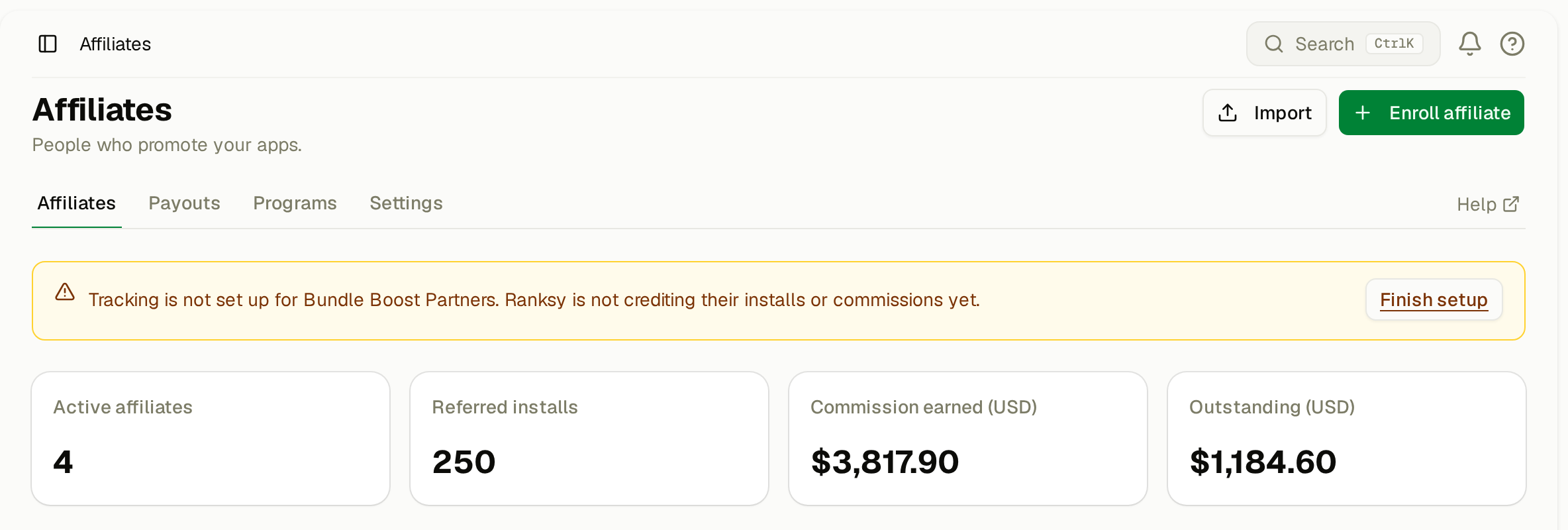 The tracking warning banner on the Affiliates page with the Finish setup button