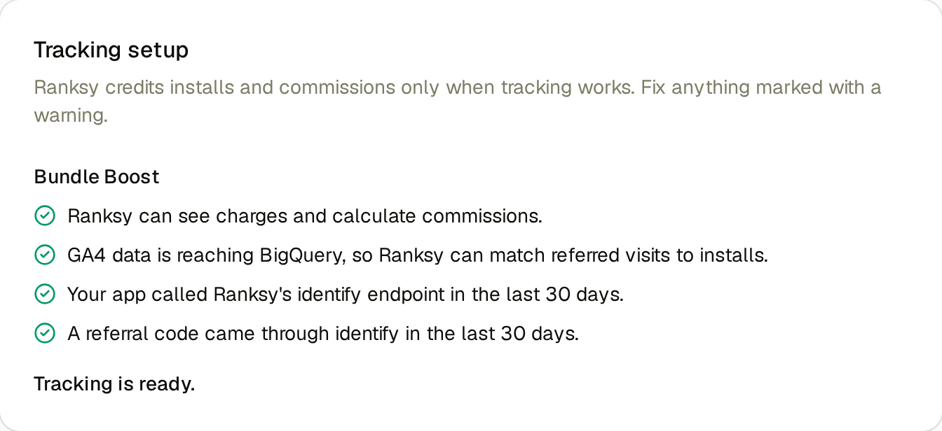 The Tracking setup card showing Tracking is ready